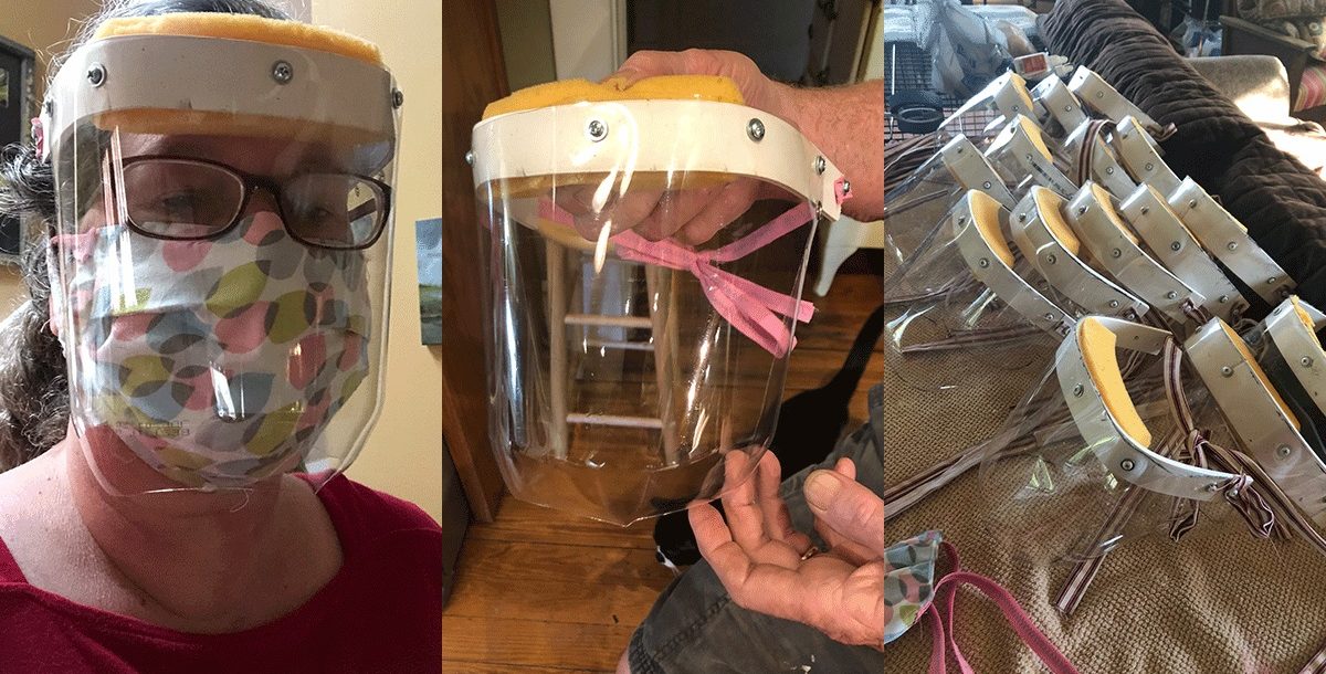 Elizabeth King modeling her face shield creations as she creates PPE during the COVID-19 outbreak