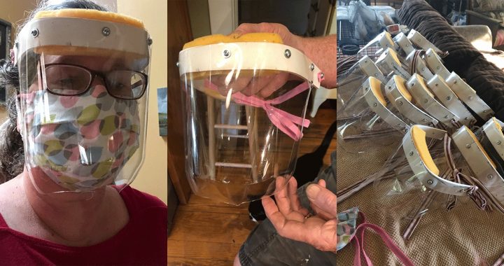 Elizabeth King modeling her face shield creations as she creates PPE during the COVID-19 outbreak