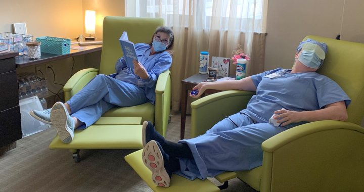 Two of our team members enjoying the Oasis Room at St. Mary's Hospital.