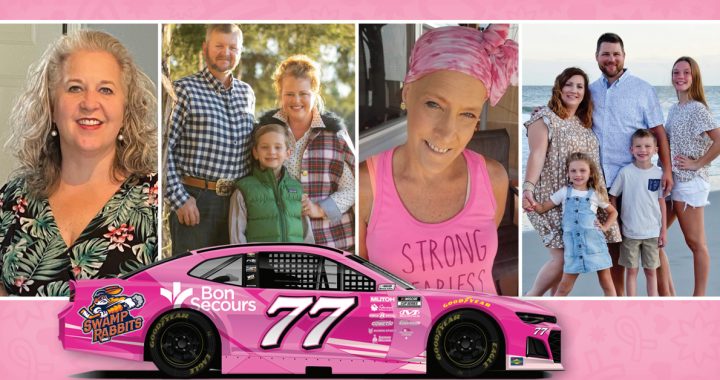 Some of the breast cancer survivors being featured on the NASCAR car.